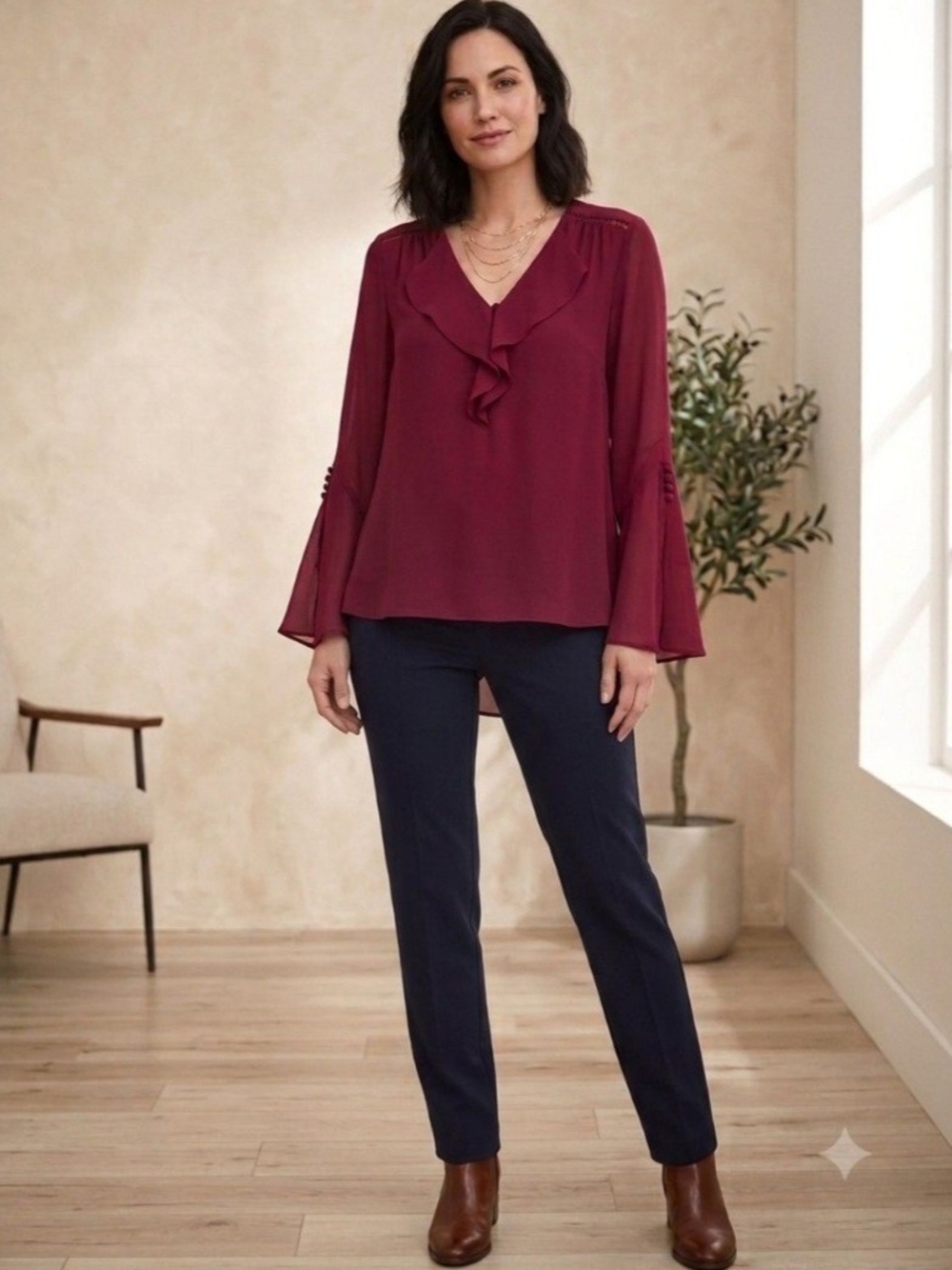 White House Black Market Ruffled V-Neck Blouse - Burgundy. Size 8
